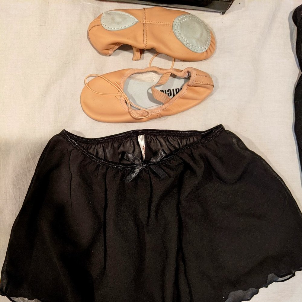 Balera pink ballet slippers, black leotard, ballet skirt